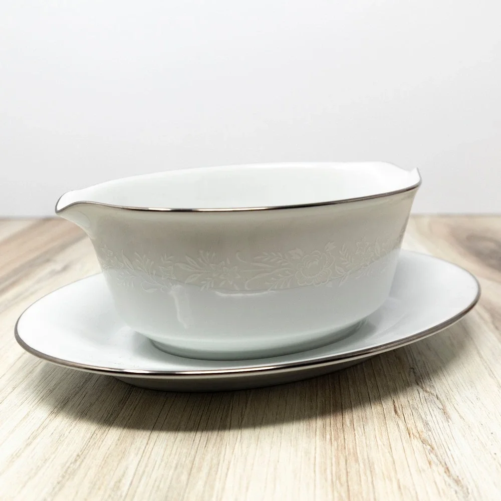 Noritake Reina Gravy Boat Attached Underplate Platinum Trim White China Vintage